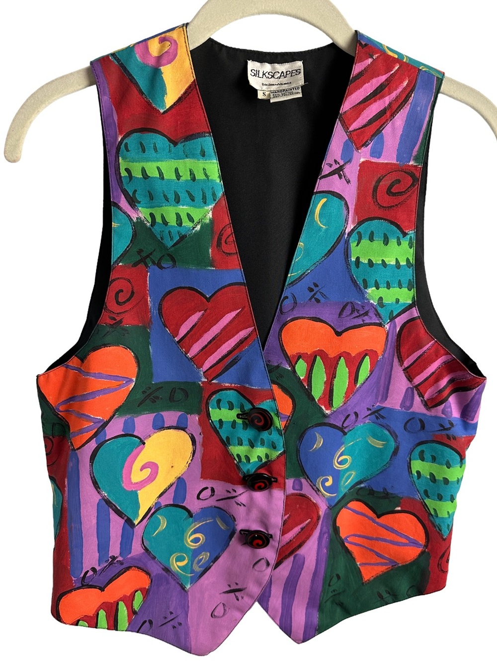 Hand Painted Heart Themed Lined Vest w Painted Buttons S